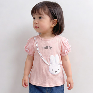 夏季新品80-100女宝宝短袖T恤上衣miffy兔泡泡袖蝴蝶结套头