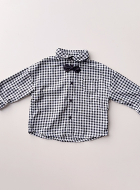 日单cottoli尾货80-110男童格子衬衫领结绅士帅气拍照衬衣