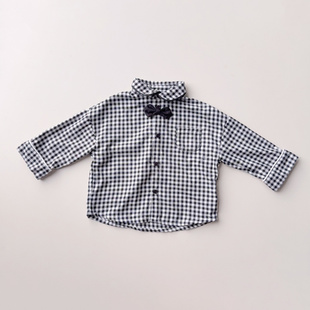 日单cottoli尾货80-110男童格子衬衫领结绅士帅气拍照衬衣