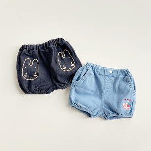 120南瓜裤 短裤 夏季 灯笼裤 牛仔 女童卡通熊兔字母刺绣pp裤 日系80