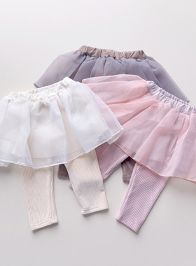 新款80-100女宝婴童秋季裙裤网纱甜美裤子假两件faire la bise