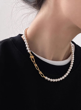 珍珠毛衣链女百搭款高级强光施珍珠拼接项链女简约卫衣锁骨链饰品