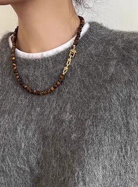 虎眼石新款项链女美拉德复古串珠毛衣链感气质锁骨链颈链配饰简约
