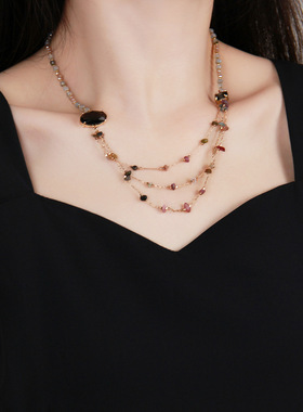 欧美复古轻奢感天然碧玺石钛钢串珠项链女小众新中式毛衣链