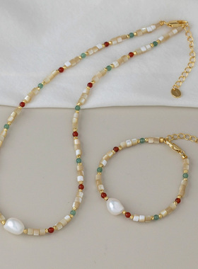 天然石贝壳项链不掉色女秋冬高级感串珠新中式多巴胺锁骨颈链饰品