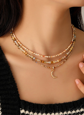 新款复古小众多巴胺天然石月亮吊坠串珠项链女百搭叠戴感颈链