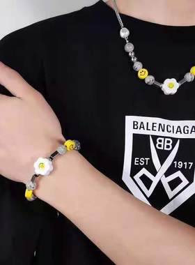 暗黑ins珍珠笑脸太阳花地图石嘻哈高街个性百搭男女潮牌钛钢项链