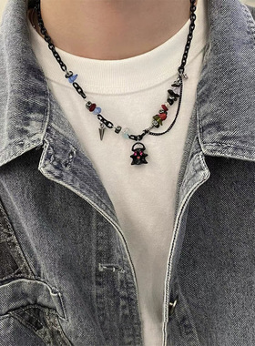 黑白小幽灵怪兽金属链条拼接项链男女款感小众个性气质锁骨链