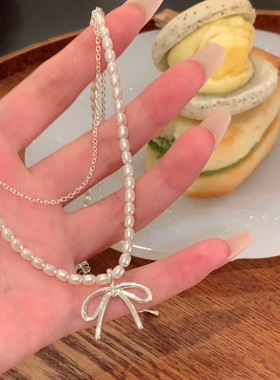 小米珠韩系博主双层珍珠项链女蝴蝶结颈链配饰锁骨链感轻奢