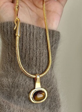 轻奢美拉德椭圆虎眼石项链女ins欧美复古风吊坠小众设计感锁骨链