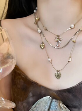 复古做旧中古项链女爱心锁骨链宫廷风小众轻奢感古着脖颈链潮