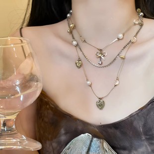 复古做旧中古项链女爱心锁骨链宫廷风小众轻奢感古着脖颈链潮