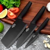 锋利菜刀厨师刀水果刀三件套不锈钢家用中式 菜刀切片刀切肉黑色刃