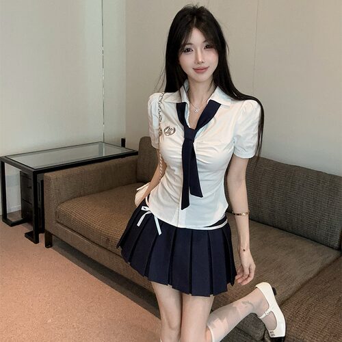韩式学院风纯欲jk制服甜辣妹修身白衬衫蓝百褶裙足浴技师工服套装