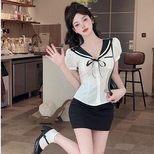 酒店前台足疗足道技师工作制服女娃娃领短袖衬衫包臀裙职业装套装