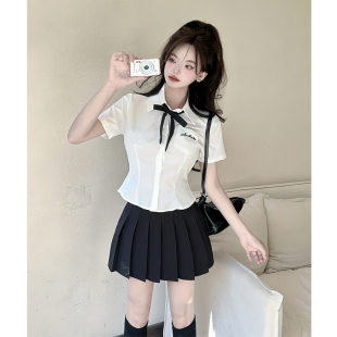 酒店前台养生足道上班制服女修身蝴蝶结短袖白衬衫足浴技师百褶裙