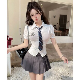 美容院足道技师百褶短裙套装 学院风减龄制服jk纯欲收腰短袖 白衬衫