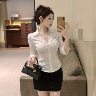 酒店会所v领蕾丝边长袖白衬衫修身衬衣包裙两件套足道技师工作服