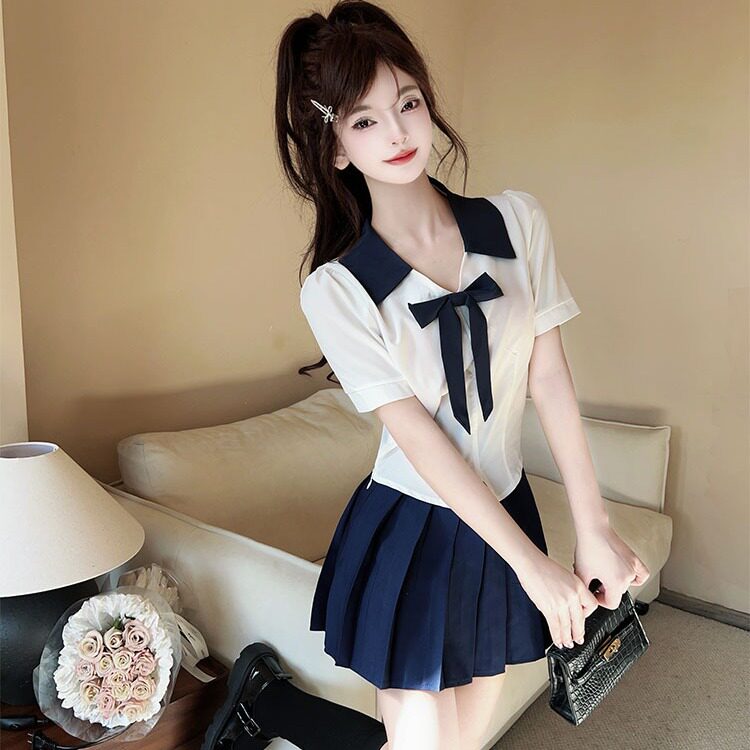 美容院spa会所足道技师工服学院风JK制服女翻领短袖衬衫蓝裙套装