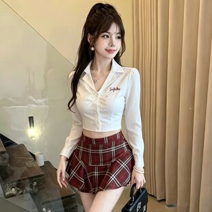纯欲学院风甜辣jk制服女短款长袖v领白衬衫红格子短裙裤两件套装
