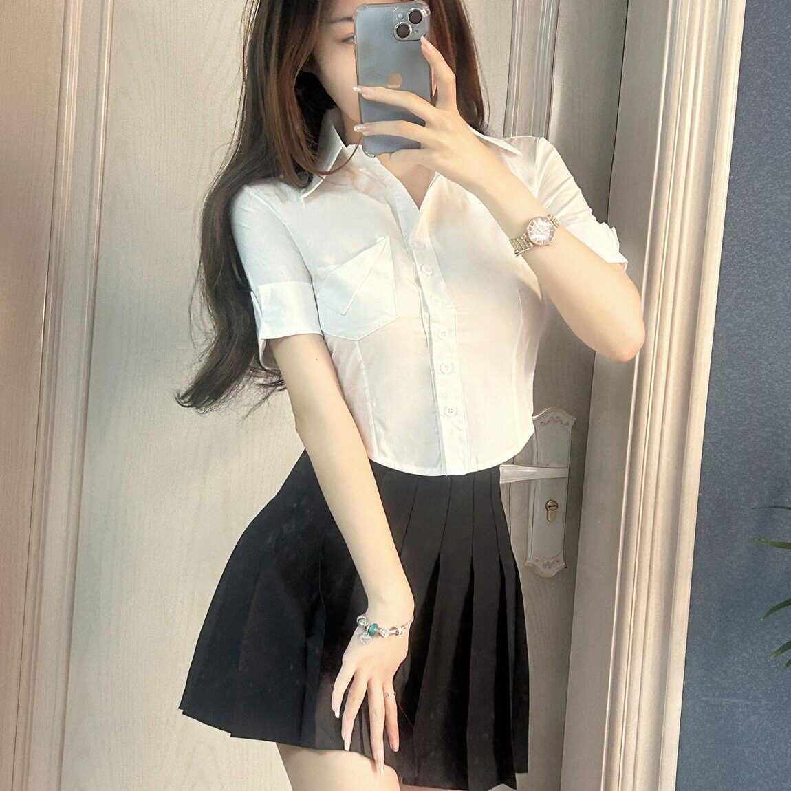 酒店前台足道足浴技师技师工作制服女修身短袖白衬衫百褶裙两件套