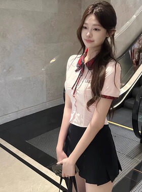 韩系甜辣妹纯欲风修身格子领粉衬衫蓝百褶裙套装校园学姐jk制服夏