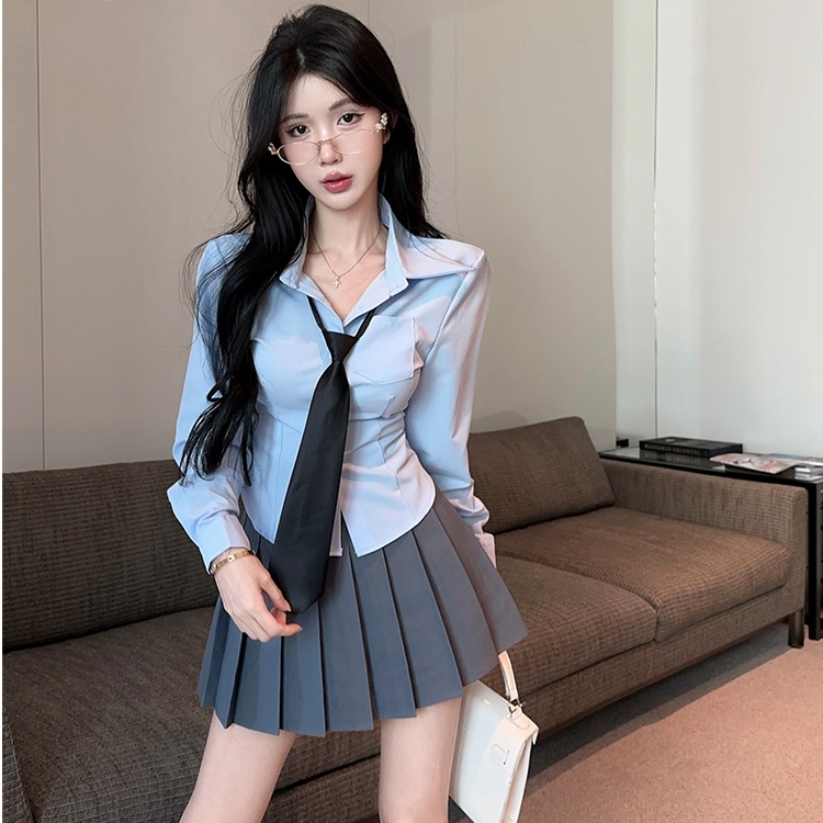 学院风纯欲jk制服修身长袖蓝衬衫高腰半身裙美容院足道技师工作服