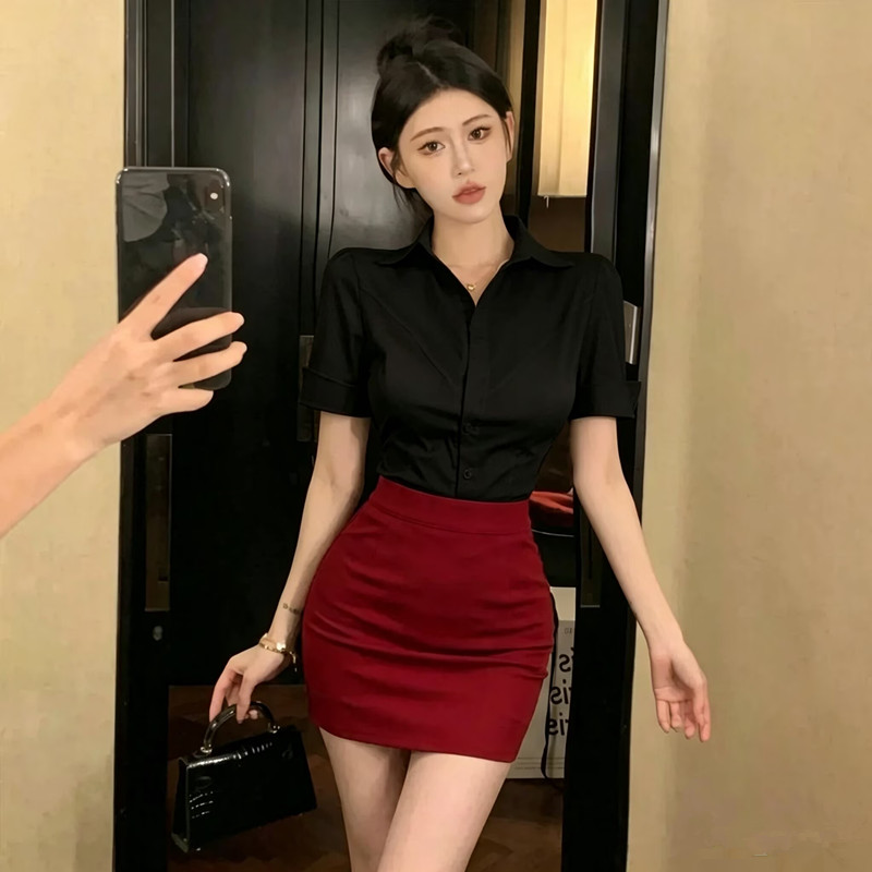 性感秘书OL风职业装短袖黑衬衣制服女酒店足道技师衬衫红短裙套装