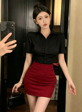 性感秘书OL风职业装短袖黑衬衣制服女酒店足道技师衬衫红短裙套装