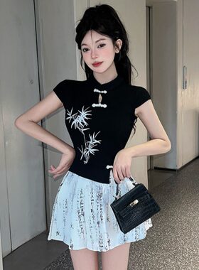 新中式盘扣旗袍衫黑色上衣水墨印花短裙两件套足浴足道技师工作服