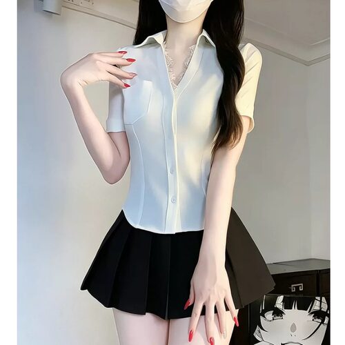 养生spa足浴制服女v领蕾丝边短袖白上衣短裙两件套台球电竞馆工衣