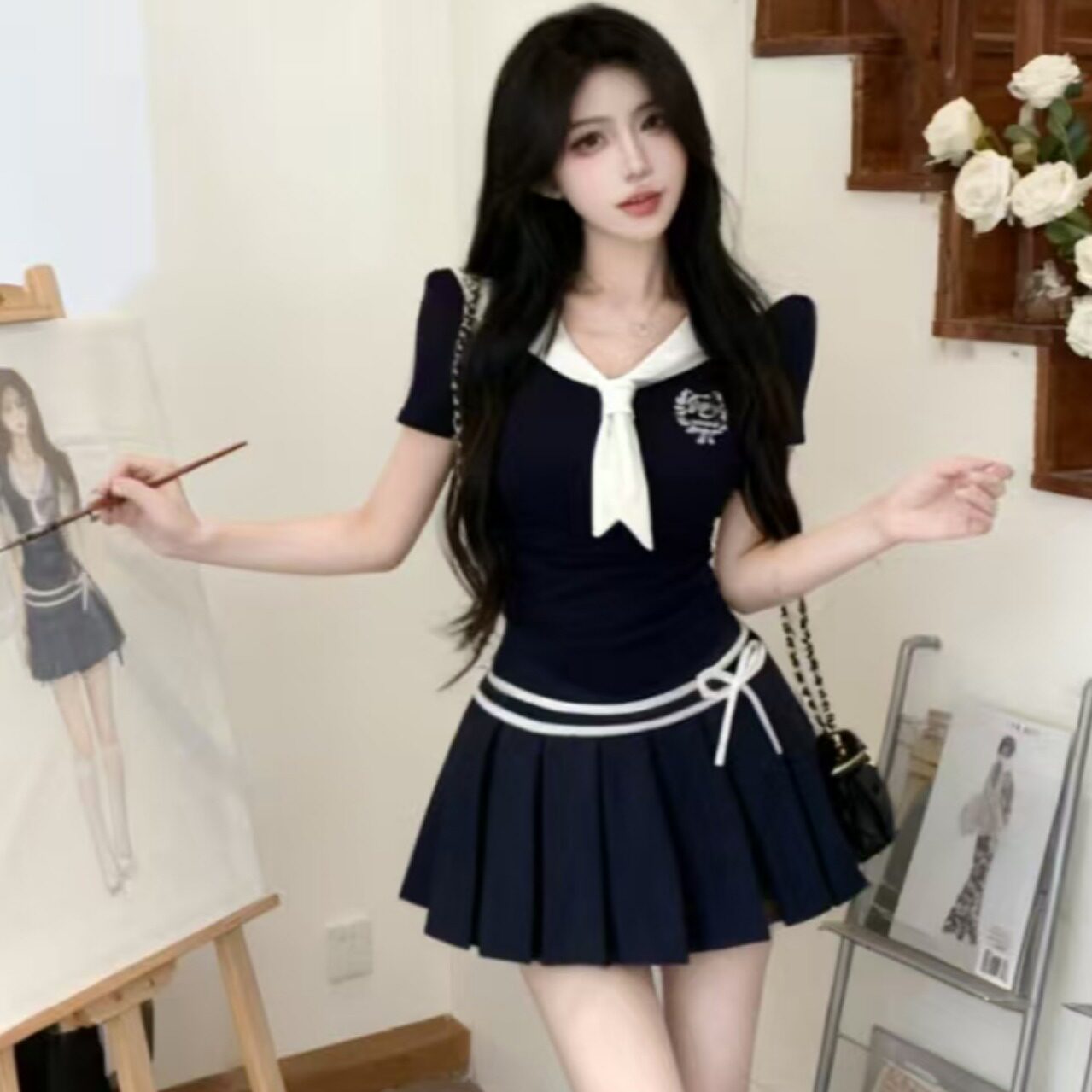 甜辣妹纯欲风jk制服海军领蓝色短袖上衣百褶短裙美容足道足疗工服