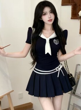 甜辣妹纯欲风jk制服海军领蓝色短袖上衣百褶短裙美容足道足疗工服