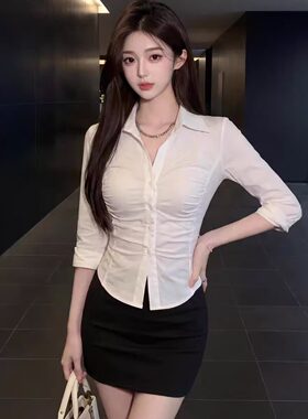 翻领职业装OL风制服女修身长袖白衬衫包臀裙两件套酒店足道技师服
