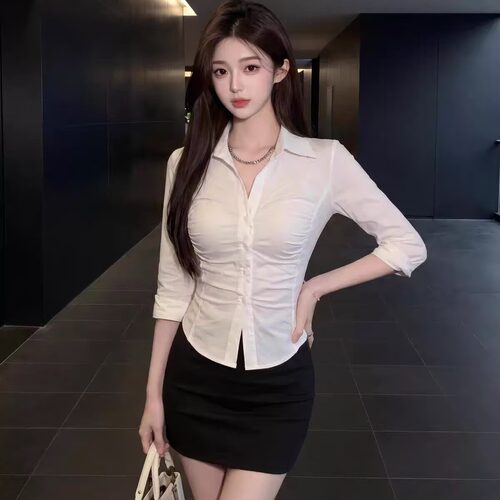 翻领职业装OL风制服女修身长袖白衬衫包臀裙两件套酒店足道技师服