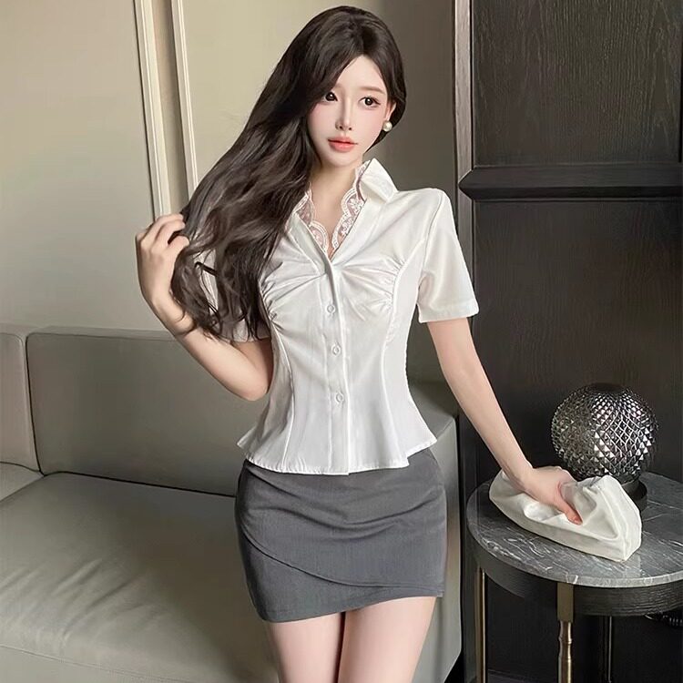 性感御姐职业装OL风蕾丝边v领短袖白衬衫灰包裙套装足道技师工服