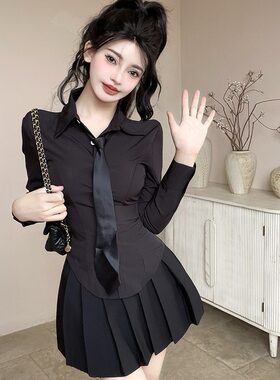 酒吧夜场性感御姐风制服女OL职业装长袖黑色衬衫收腰衬衣短裙套装