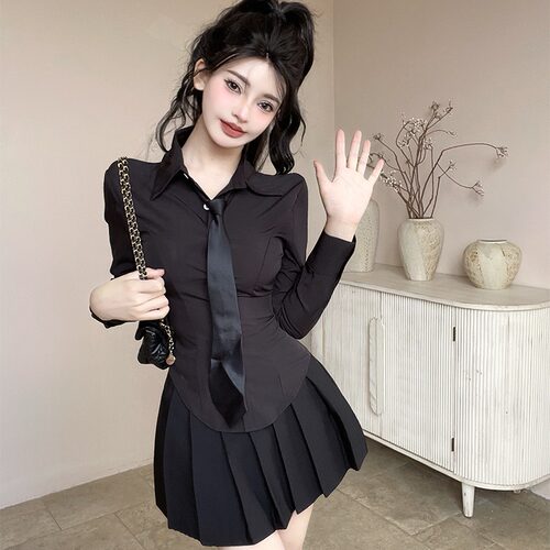 酒吧夜场性感御姐风制服女OL职业装长袖黑色衬衫收腰衬衣短裙套装