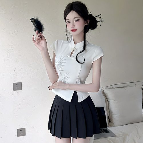 养生足浴足道女技师新中式国风盘扣旗袍上衣百褶短裙美容院工作服