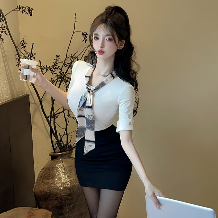 性感高级V领飘带五分袖t恤女包臀裙套装养生会所足浴足疗技师工衣