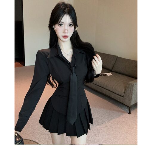 性感辣妹秘书收腰长袖黑衬衫制服夜店酒吧台球女纯欲衬衣短裙套装