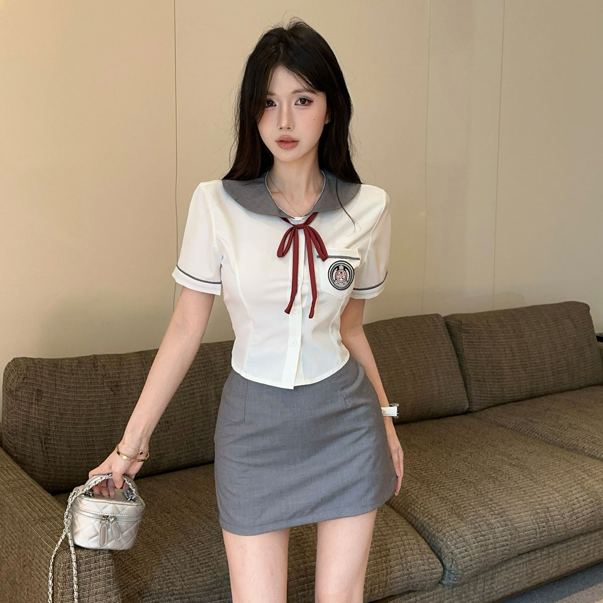日系甜美减龄纯欲学院风jk制服娃娃领短袖衬衫女白衬衣短裙两件套