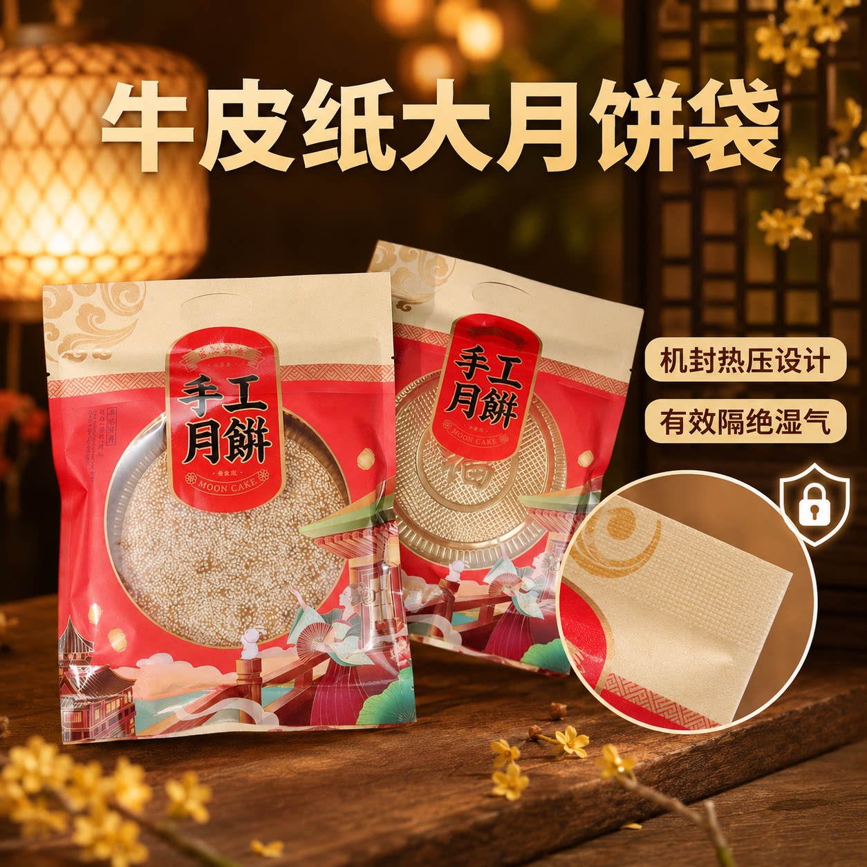 通用大月饼包装袋牛皮纸UV加厚中秋礼饼喜饼机封袋广式麻饼密封袋