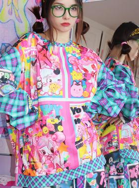 LEERROO魔灵日记/原创设计可爱卡通印花格子拼接长袖卫衣