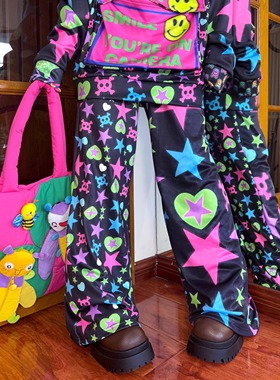 怪彩星心LERROO原创y2k辣妹多巴胺设计感加绒阔腿裤休闲棉裤秋冬