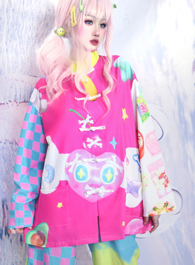 Leerroo原创设计y2k中华风印花立领彩长袖唐装盘扣中式上衣衬衫夏