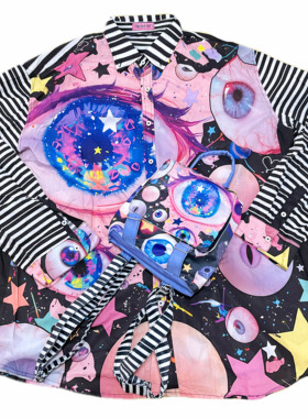 LEERROO眼星球亚文化星星印花横条纹宽松衬衫设计感小众纯棉衬衣
