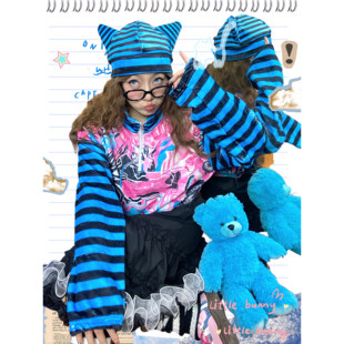 蓝巧怪物猫！条纹原创亚文化条纹拼接毛绒印花卫衣女秋冬宽松上衣