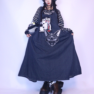 LEERROO长裙复古宽松显瘦牛仔背带裙长款大摆连衣裙过膝长款裙子