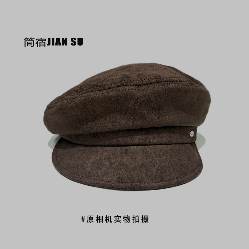 复古英伦风平顶马术帽女秋冬款百搭素颜显脸小麂皮绒报童贝雷帽子